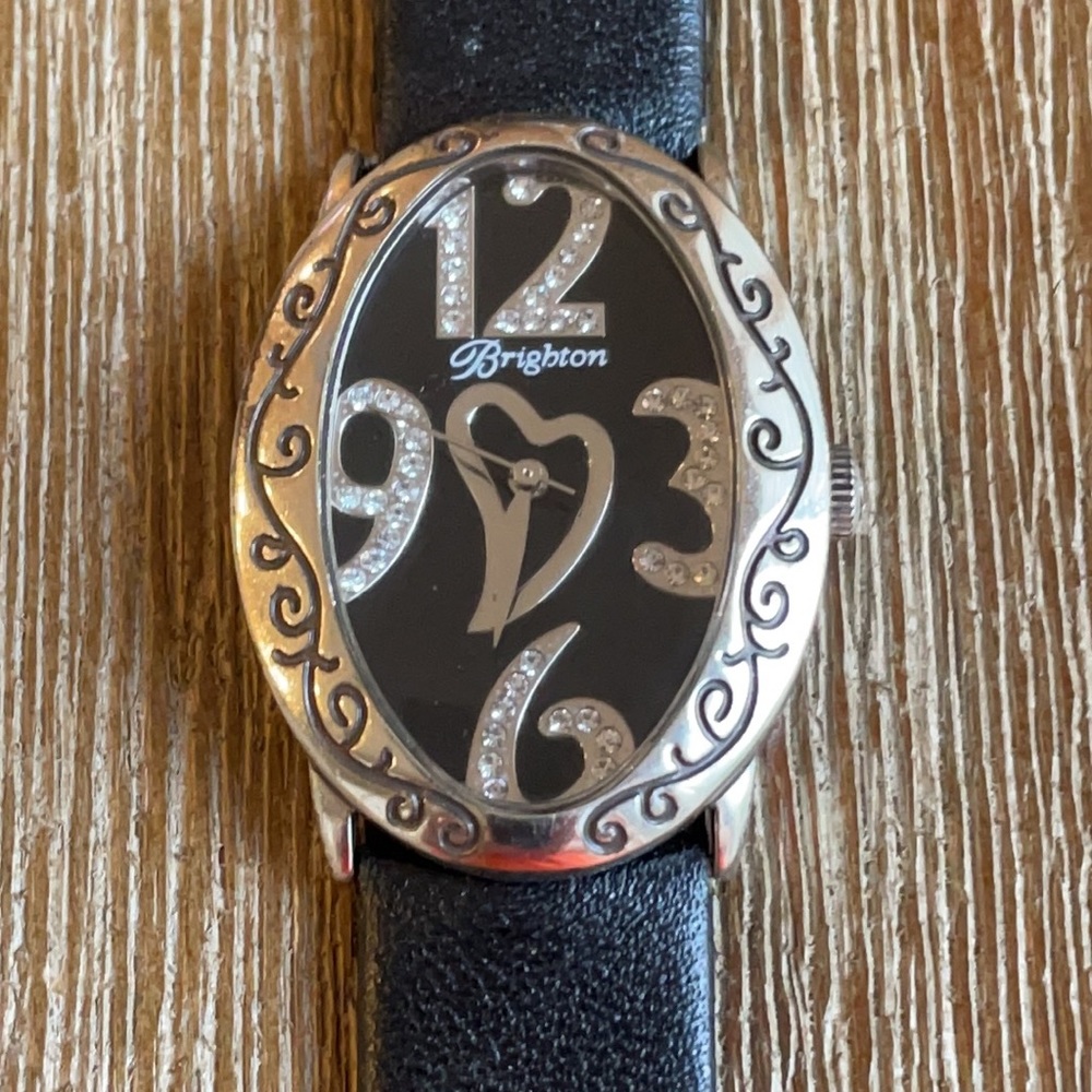 BRIGHTON silver & rhinestone, black leather watch